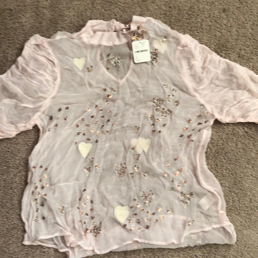 Free People sheer top/ rose gold bling &hearts